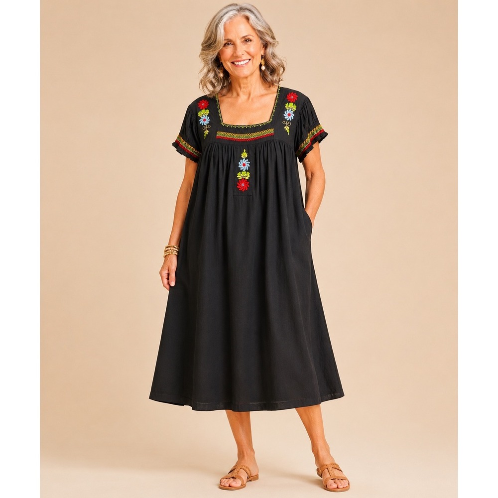 Phases Womens Embroidered Cotton Midi House Dress 3X Peasant Black Cottage